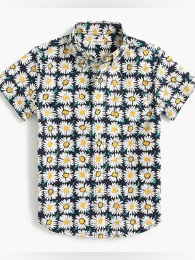 Crewcuts Navy Daisy Floral Print Short-Sleeve Button Down Shirt Boys Sz 4-5